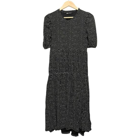 Zara Polka Dot Tiered Midi Dress Women‎ Size Small Black White Boho Flowy Cotton - Picture 1 of 8